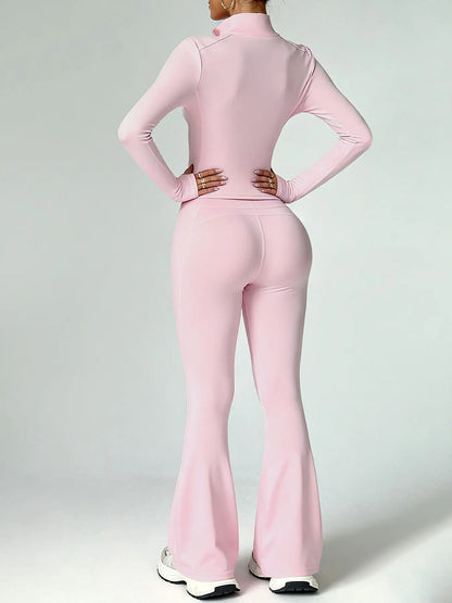 2 Piece Set Women'S Activewear Set, Full Zipper Stand Collar Long Sleeve Jacket with Thumbholes, High‑Waisted Flared Pants, Versatile New Sportswear for Yoga, Gym, Running and Daily Casual Wear