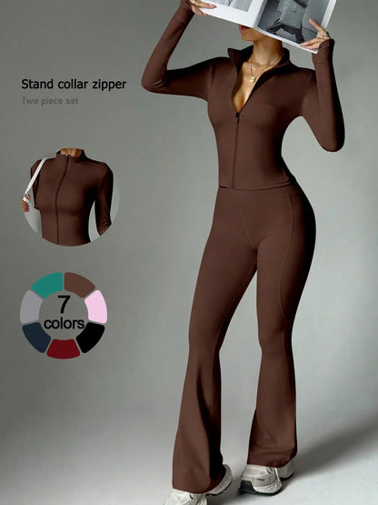 2 Piece Set Women'S Activewear Set, Full Zipper Stand Collar Long Sleeve Jacket with Thumbholes, High‑Waisted Flared Pants, Versatile New Sportswear for Yoga, Gym, Running and Daily Casual Wear