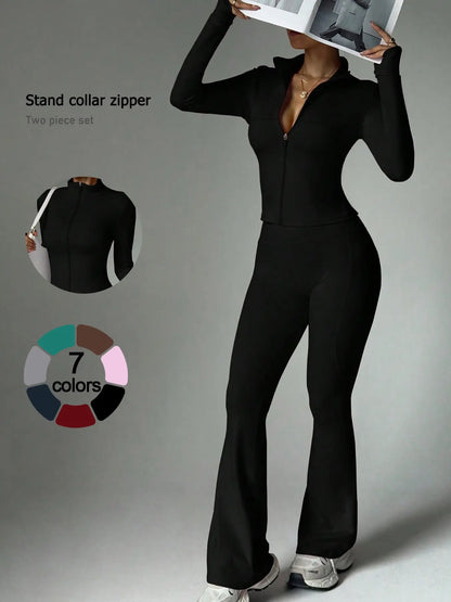 2 Piece Set Women'S Activewear Set, Full Zipper Stand Collar Long Sleeve Jacket with Thumbholes, High‑Waisted Flared Pants, Versatile New Sportswear for Yoga, Gym, Running and Daily Casual Wear