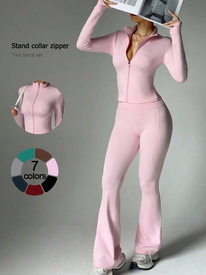 2 Piece Set Women'S Activewear Set, Full Zipper Stand Collar Long Sleeve Jacket with Thumbholes, High‑Waisted Flared Pants, Versatile New Sportswear for Yoga, Gym, Running and Daily Casual Wear