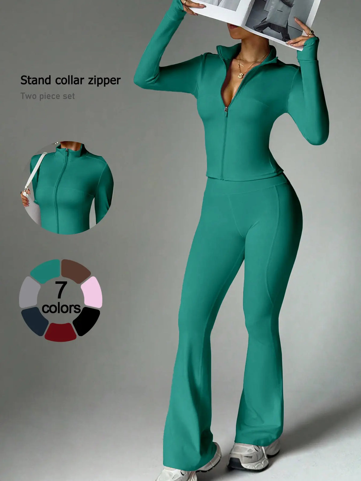 2 Piece Set Women'S Activewear Set, Full Zipper Stand Collar Long Sleeve Jacket with Thumbholes, High‑Waisted Flared Pants, Versatile New Sportswear for Yoga, Gym, Running and Daily Casual Wear
