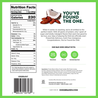 Indulge in Guilt-Free Snacking with ONE Protein Bars - Almond Bliss Flavor, 20g Protein & Only 1g Sugar, 12 Pack